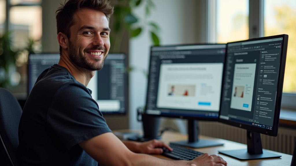 Designer che mostra su due monitor il layout che si adatta: versione desktop e versione mobile dello stesso sito