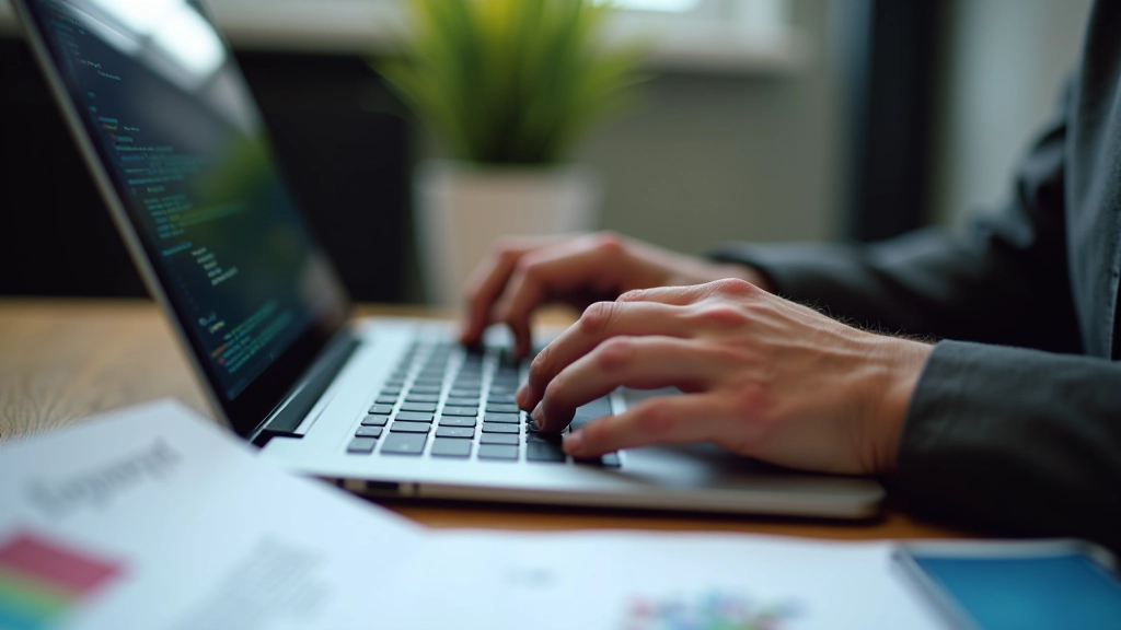 Mani di un designer che scrive codice responsive su laptop