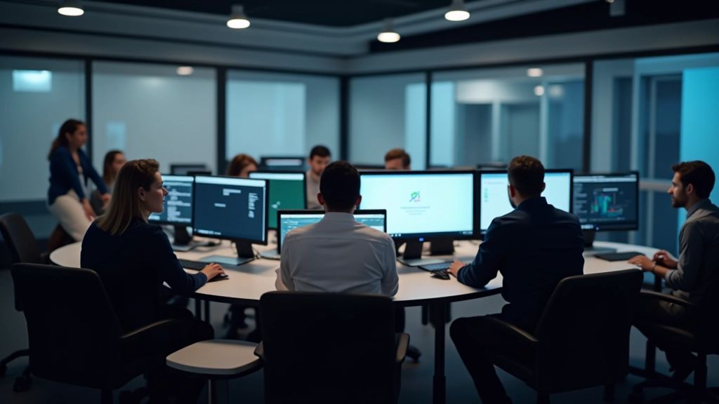 Aula moderna di training con computer e tavoli di lavoro, layout responsivo visibile su schermi multipli