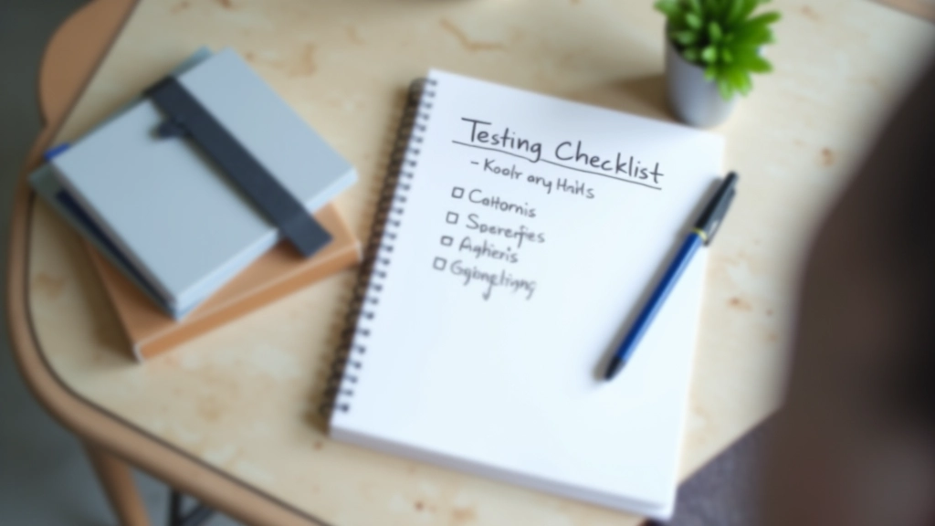 Checklist di testing su una lavagna con dispositivi in background